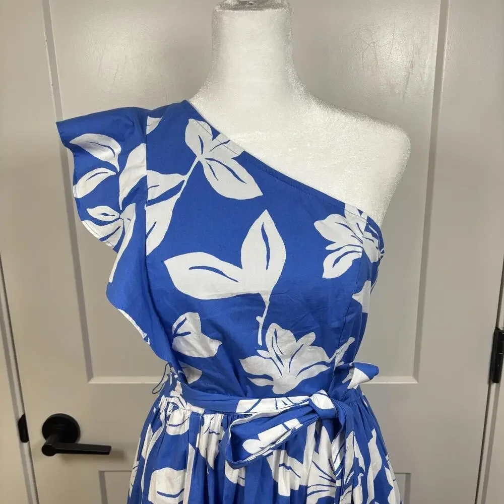 NWT J. Crew One Shoulder Ruffle Midi Dress Blue/White Floral Size 4 Beach Resort
